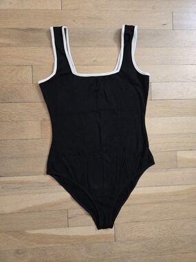 Black Square Neck Tank Bodysuit With White Trim